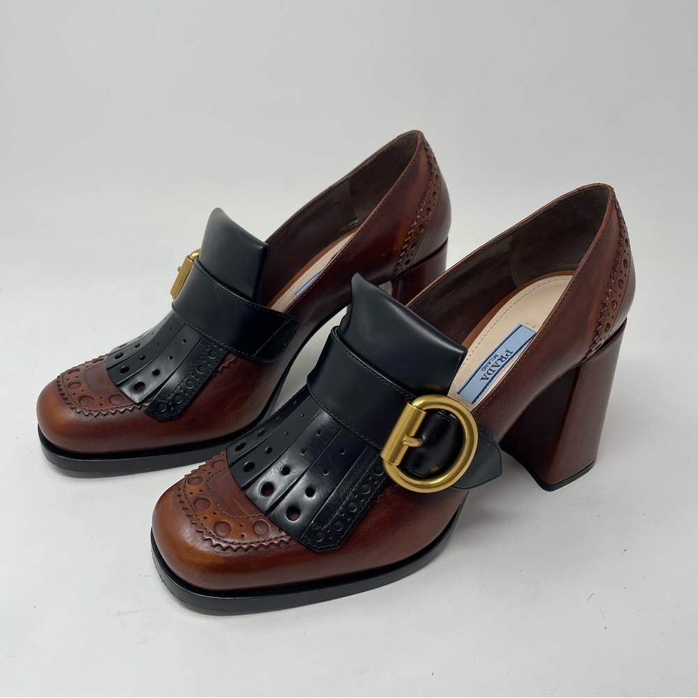 Prada Black/Brown Brogue Leather Fringe Block Heel Size 38 with Box